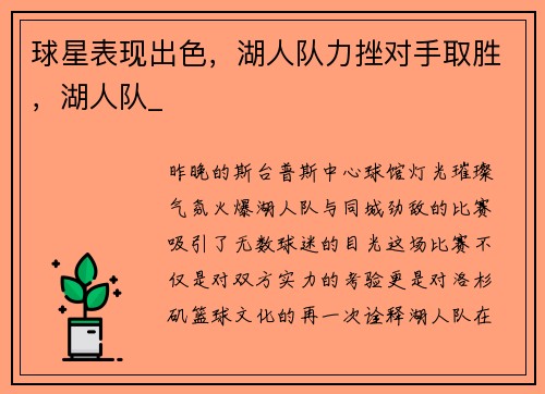 球星表现出色，湖人队力挫对手取胜，湖人队_