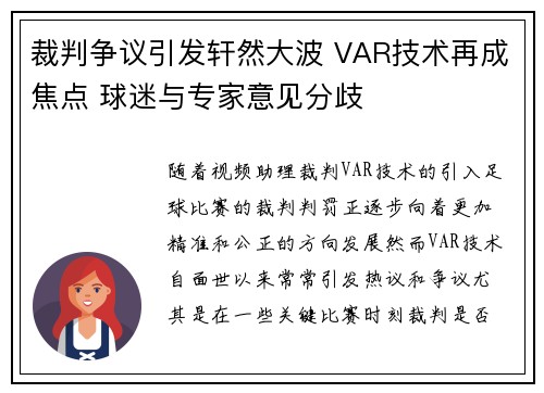 裁判争议引发轩然大波 VAR技术再成焦点 球迷与专家意见分歧